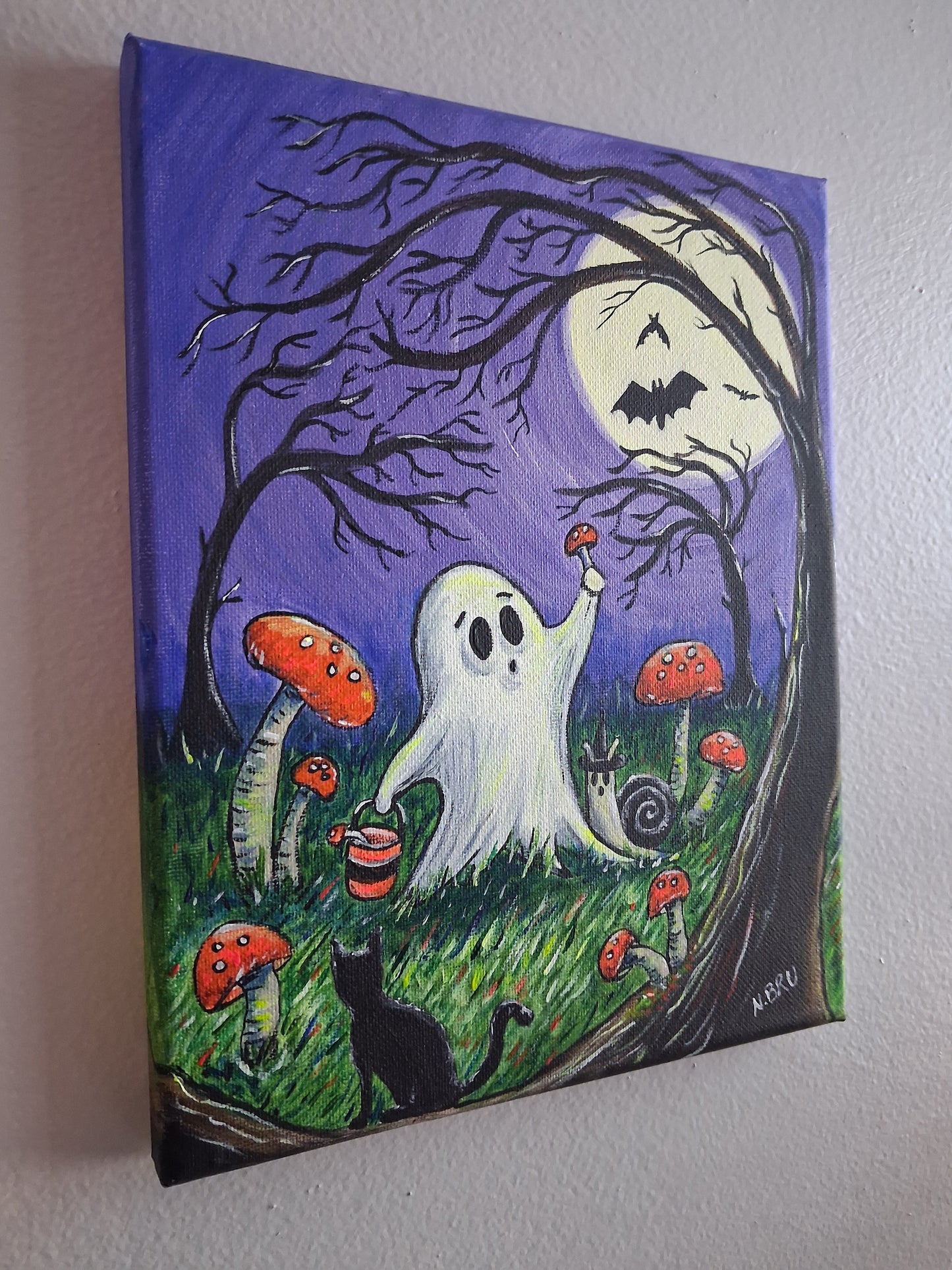 Spooky Ghost in a Mushroom Garden Original Painting 8x10"
