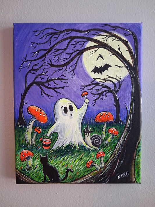 Spooky Ghost in a Mushroom Garden Original Painting 8x10"