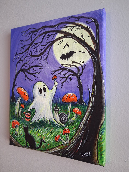 Spooky Ghost in a Mushroom Garden Original Painting 8x10"
