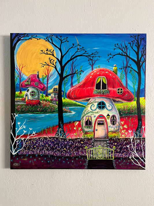 Mushroom House Original Painting 36x36”