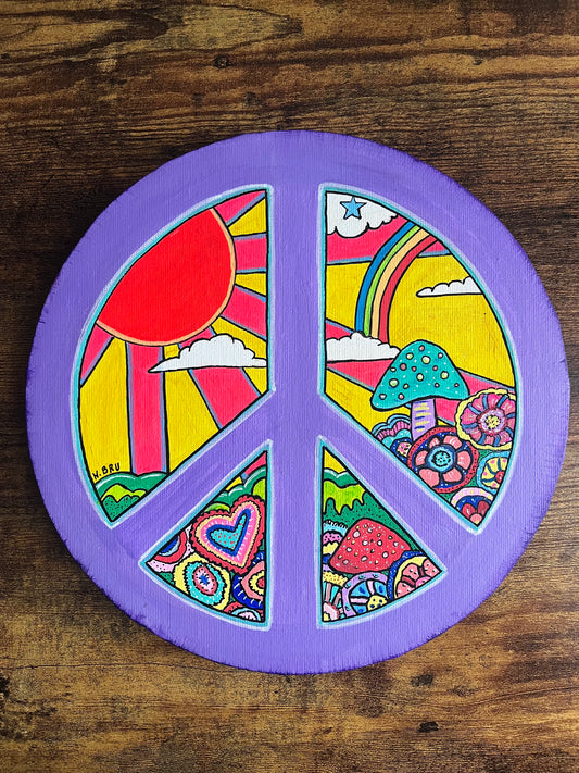 Peace, Flowers, & Mushroom Psychedelic Original Painting - 10"