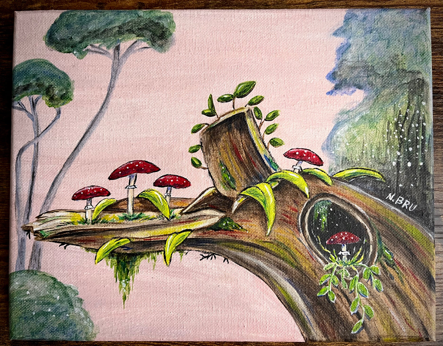 Tree with Mushrooms - Original Mini Painting 8x10"