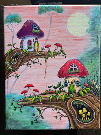 Whimsical Mushroom Treehouses Original Painting 14x18"