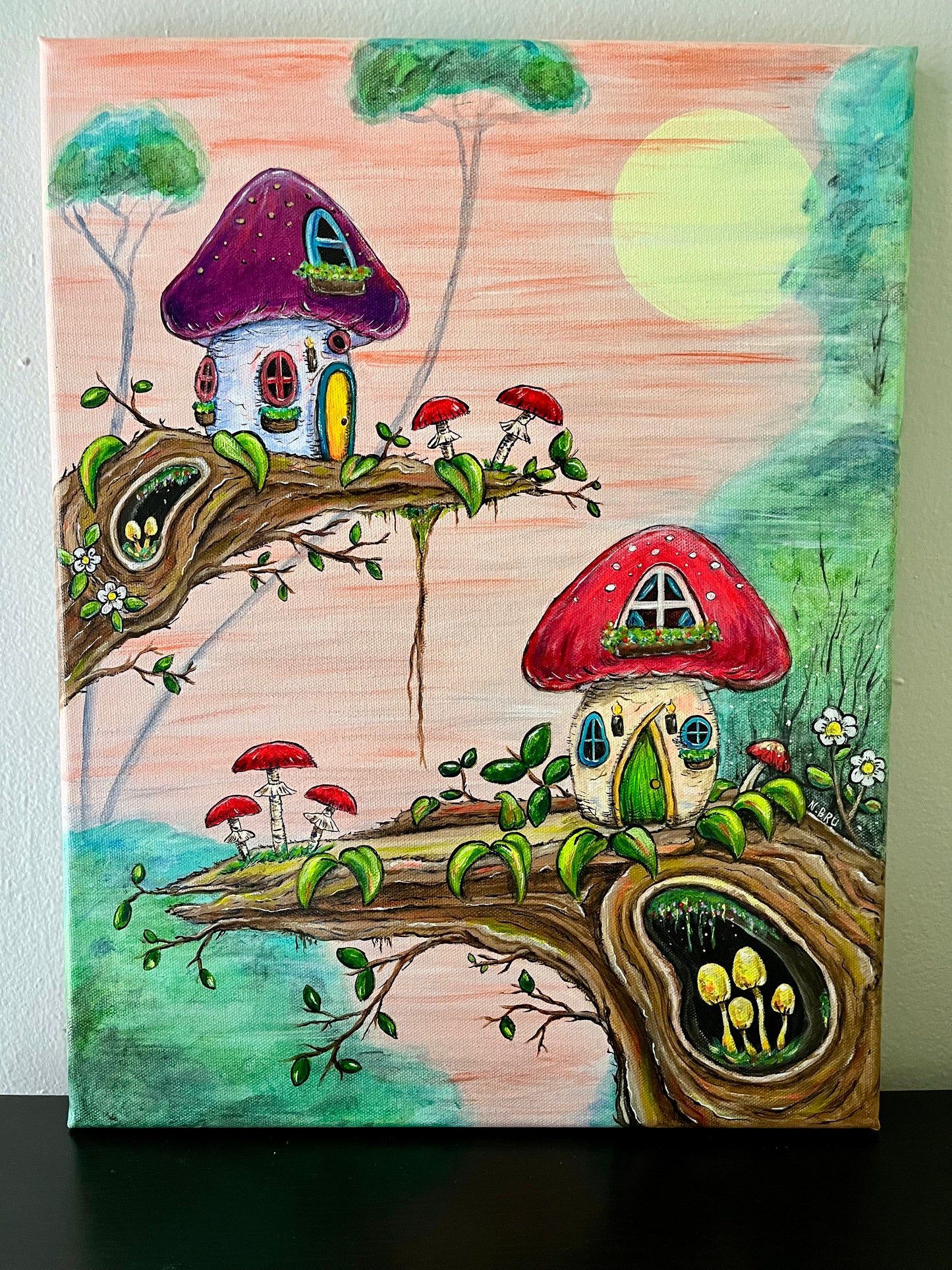 Whimsical Mushroom Treehouses Original Painting 14x18"