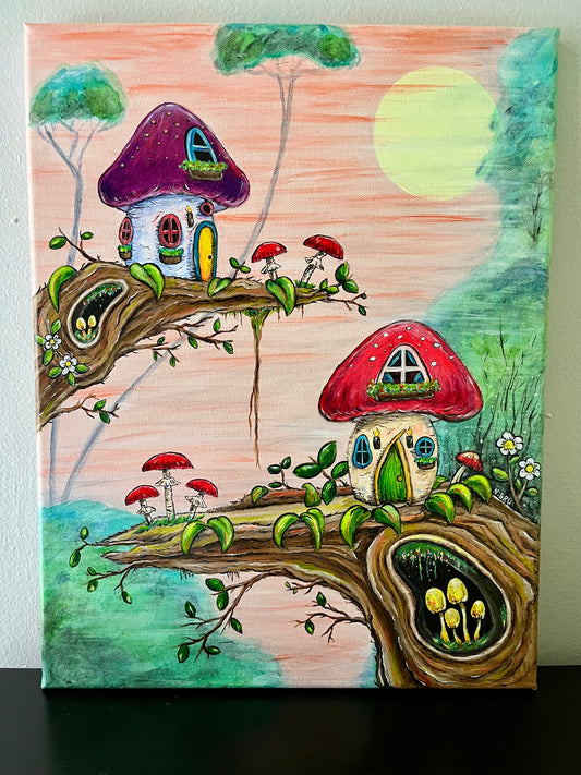 Whimsical Mushroom Treehouses Original Painting 14x18"