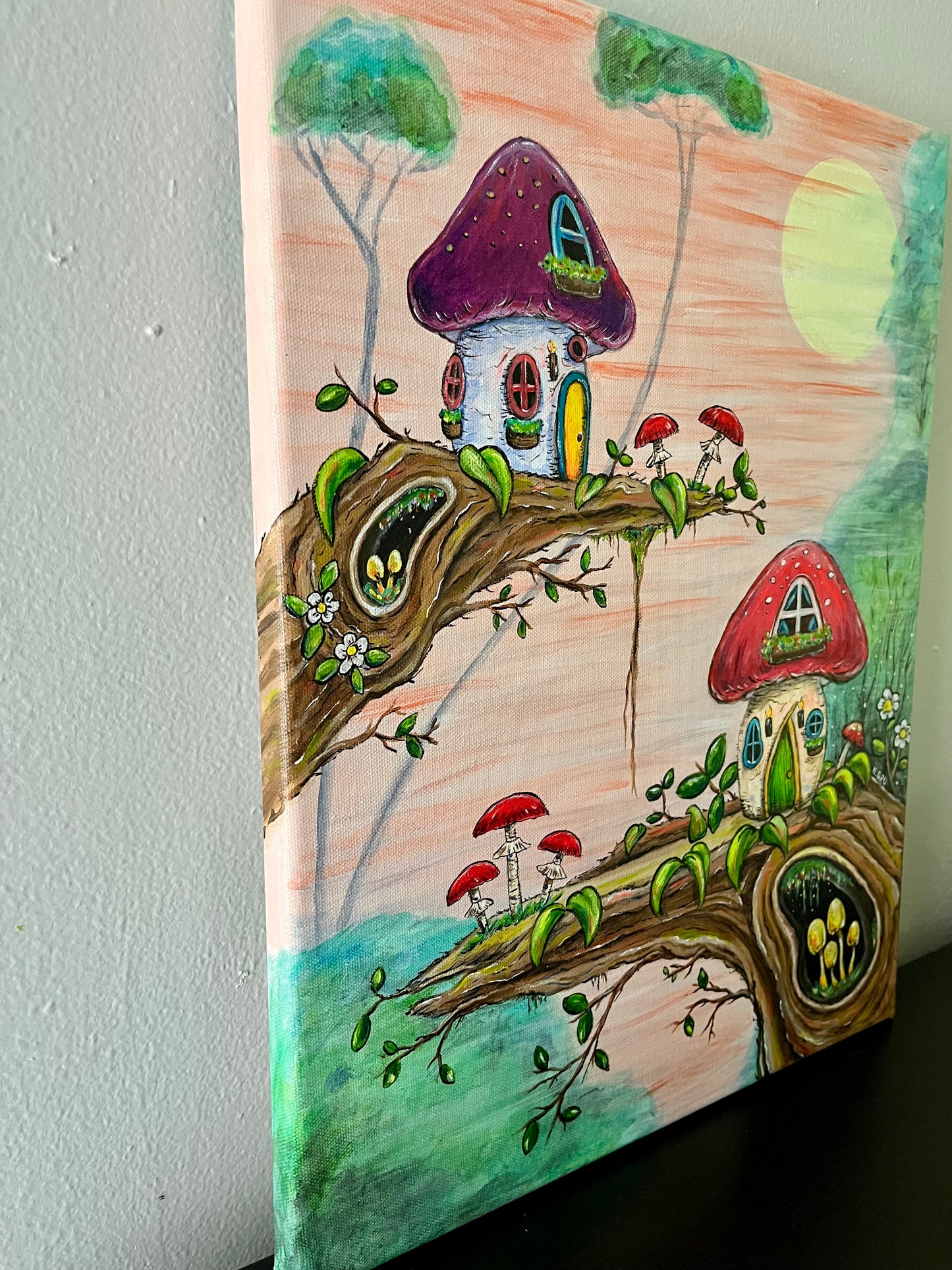 Whimsical Mushroom Treehouses Original Painting 14x18"