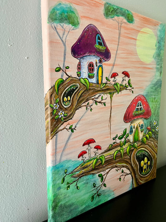 Whimsical Mushroom Treehouses Original Painting 14x18"