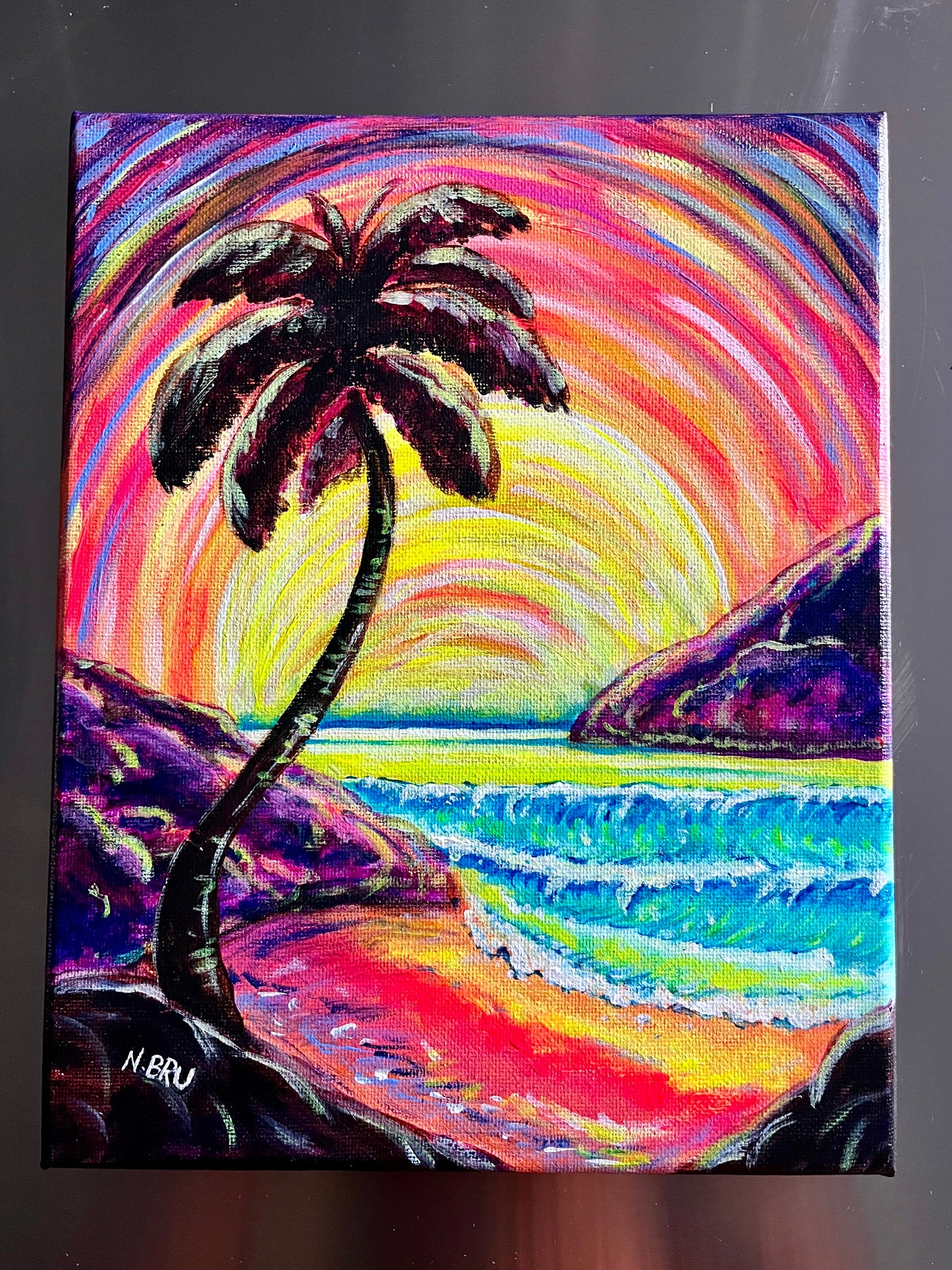 Neon Sunset Beach Original Painting 8x10”