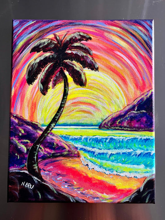 Neon Sunset Beach Original Painting 8x10”