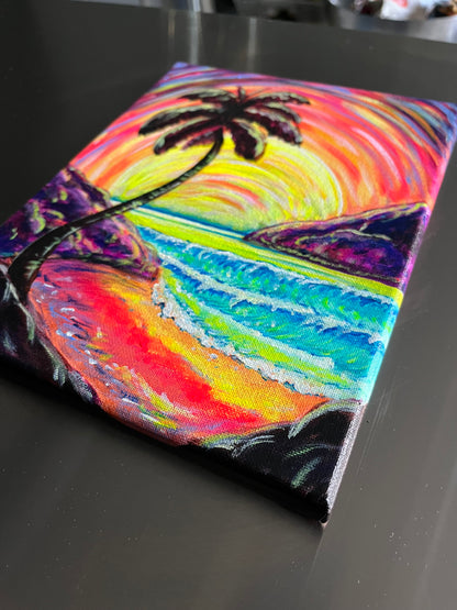Neon Sunset Beach Original Painting 8x10”