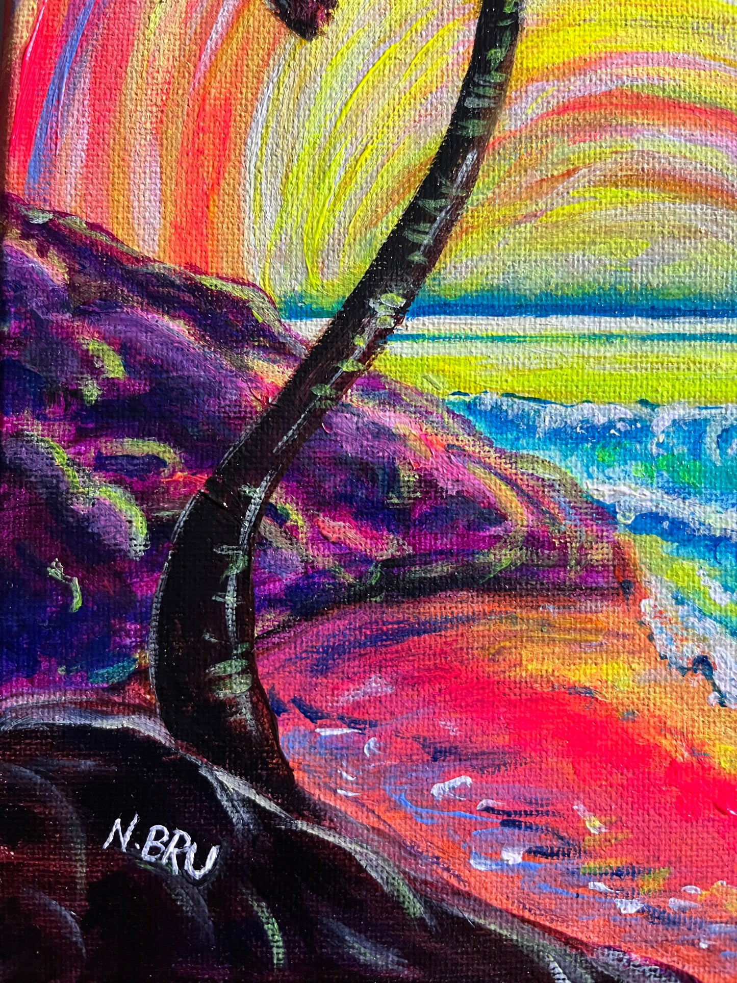 Neon Sunset Beach Original Painting 8x10”